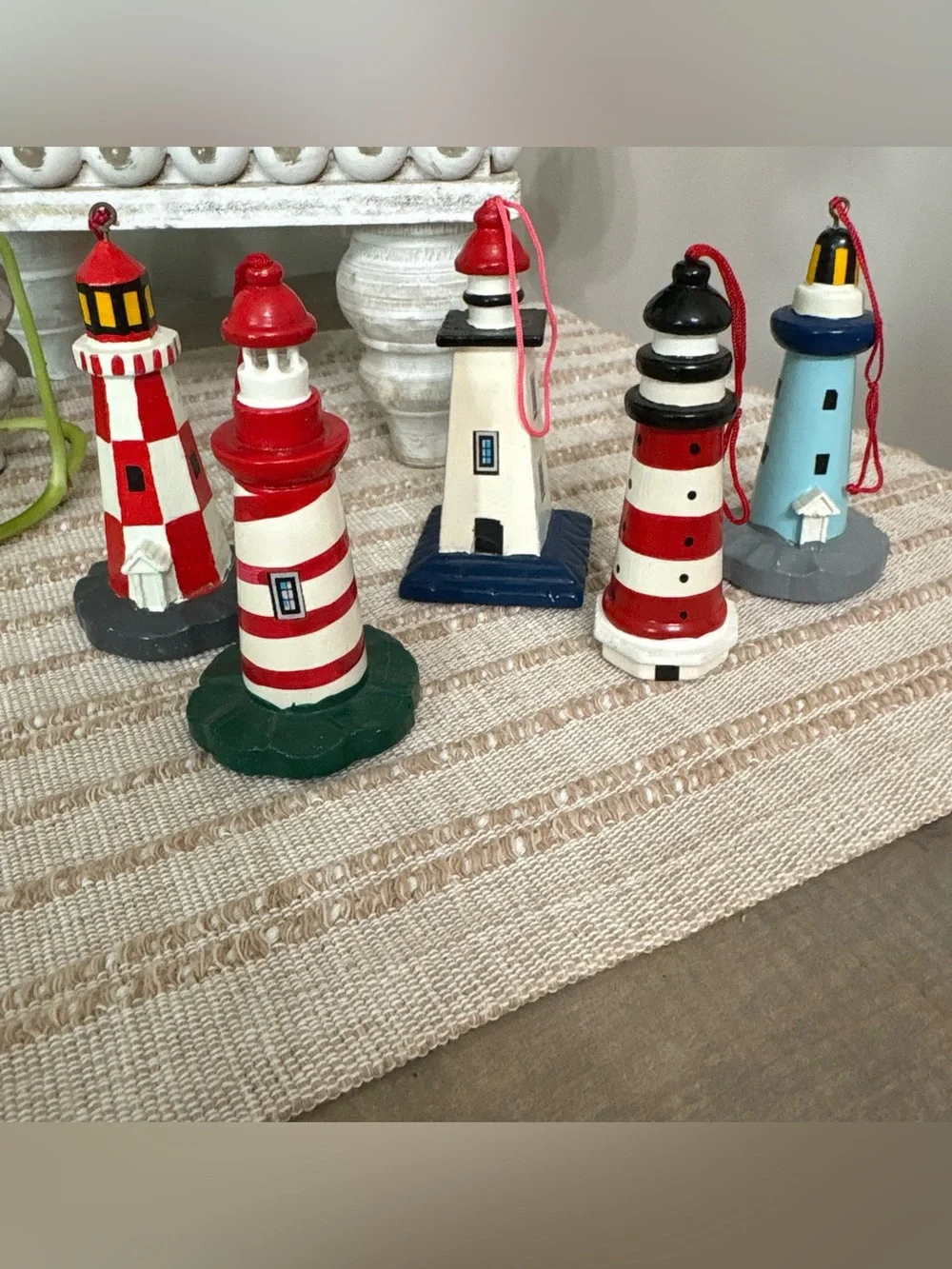 Lighthouse Ornaments -Set of 5 Decorative Wooden - Red, White, Blue 4”